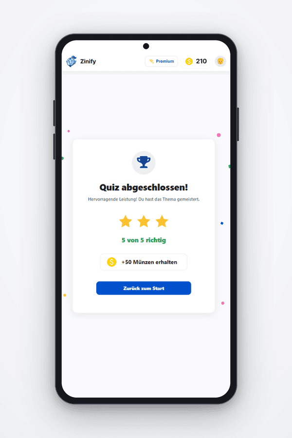 End-of-Quiz-Modal mit drei goldenen Sternen und plus 50 Münzen